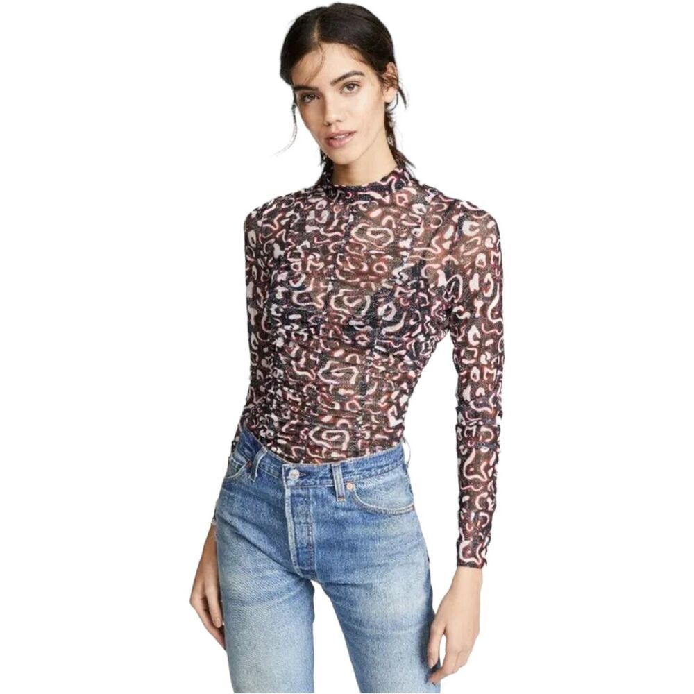 Rebecca‎ Minkoff Cora Top Multi Women's XS Mock Neck Rouched Semi Transparent